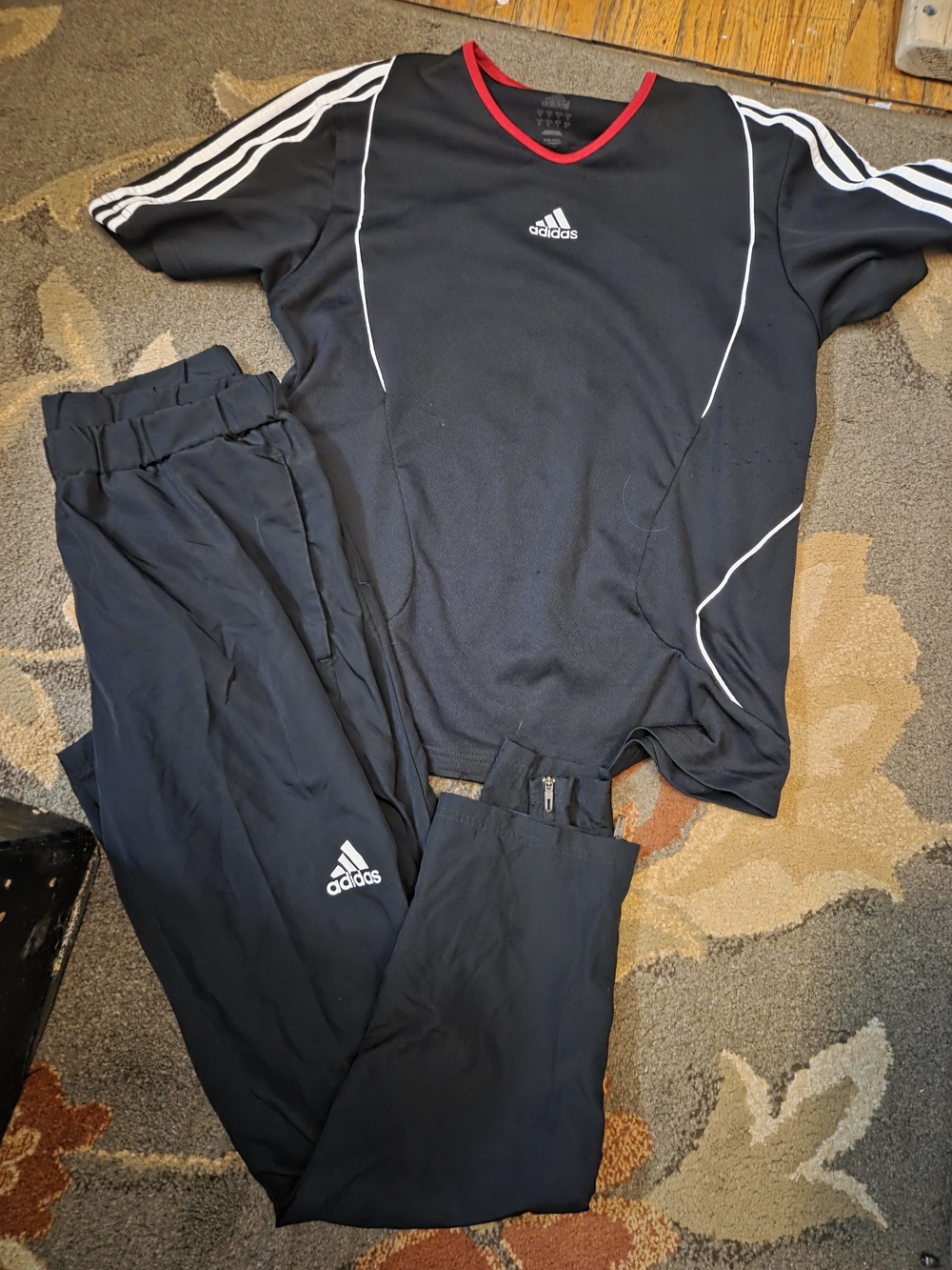 adidas Black Tee and Track Pants with Red Collar - Picture 1 of 1